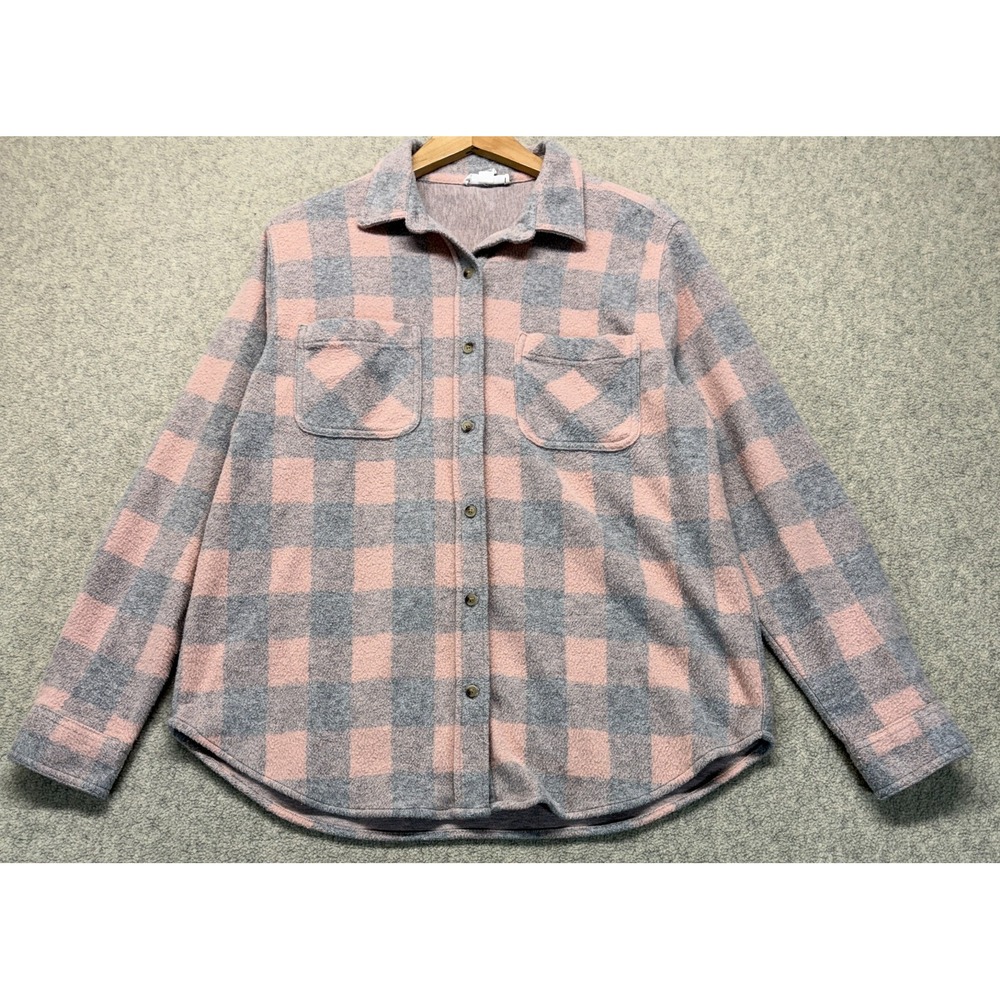 Beachlunchlounge Womens Button‎ Up Shirt Pink Gray Plaid Fleece Patch Pockets L